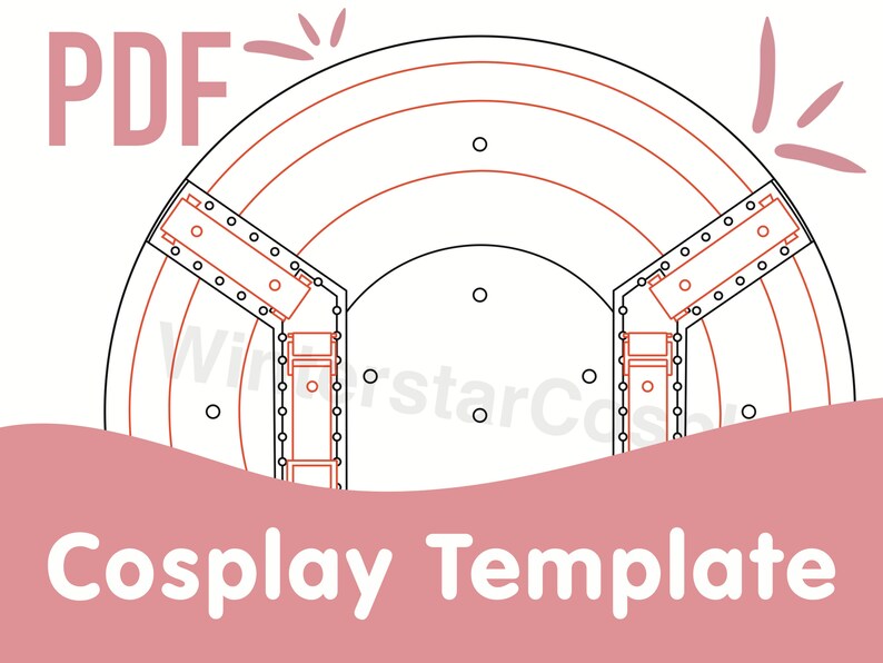 May include: A printable PDF cosplay template for a helmet with a large, rounded top and three sections. The template is outlined in black and features red lines for detail. The text "PDF" and "Cosplay Template" are visible on the image.
