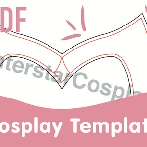 May include: A black and brown line drawing of a cosplay template. The template is shaped like a pair of wings. The text "Cosplay Template" is written in white on a pink background.