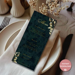 Green & Gold Wedding Menu Template | Custom Tall Menu Card | Personalised Wedding Template