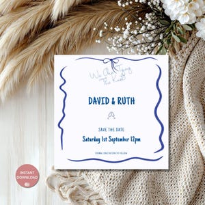 Blue Bow Save the Date | Tying the Knot | Hand Drawn | Instant Download