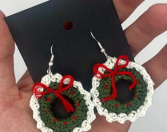 Micro-Crochet Dangly Christmas Wreath Earrings