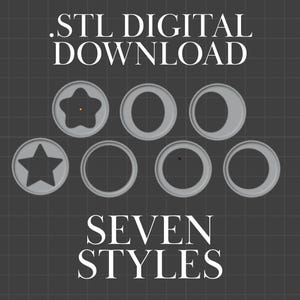 Puede incluir: Gráfico de descarga digital .STL con siete estilos diferentes de objetos circulares. Los objetos incluyen una estrella, una flor de cinco pétalos, un círculo y una forma de media luna. Los objetos son grises y están sobre un fondo de cuadrícula gris oscuro.