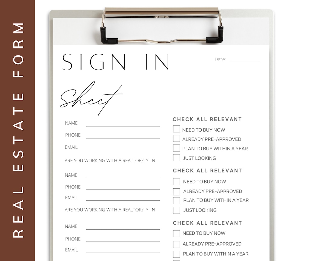 Open House Sign in Sheets Real Estate Marketing Open House PDF Estate Agent printable Template ...