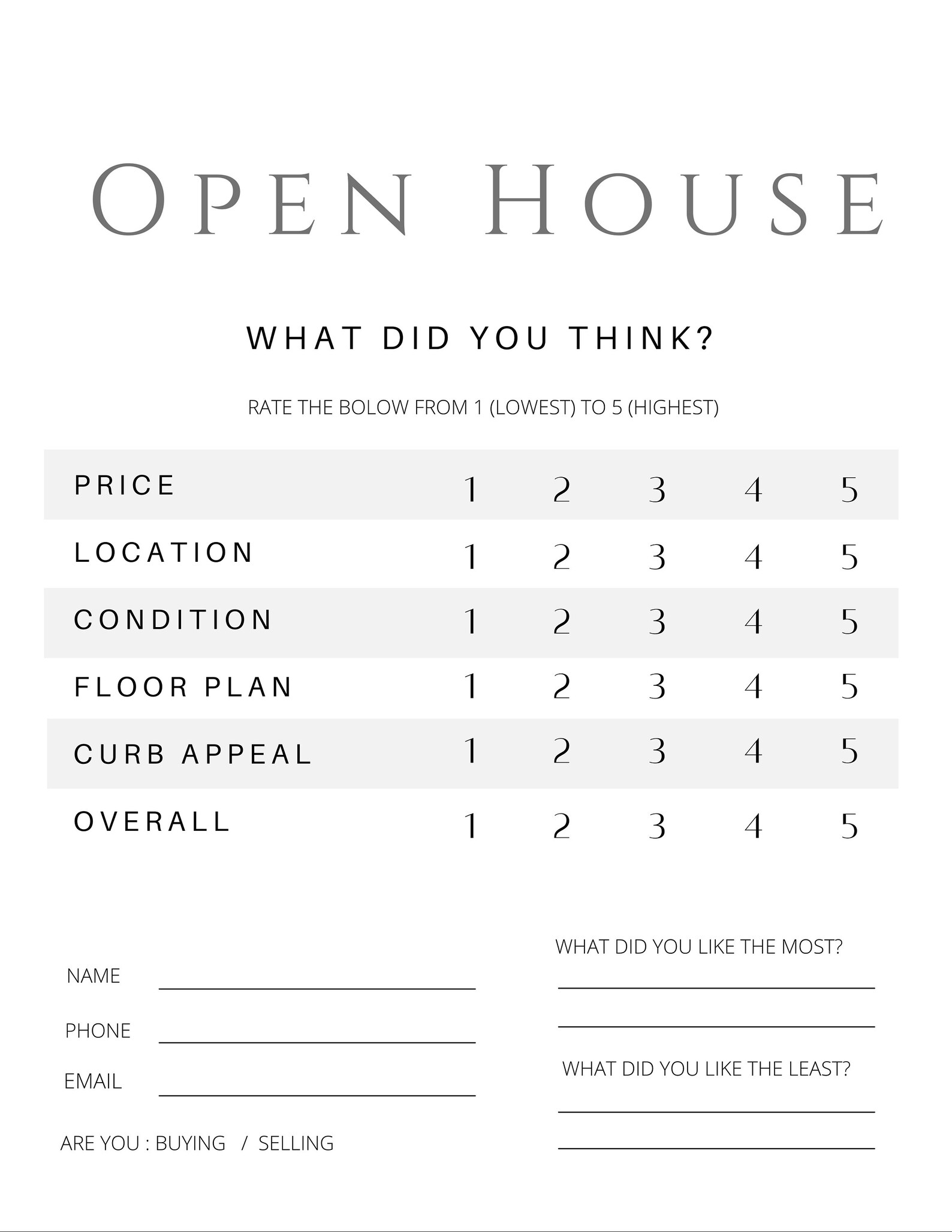 Open House Feedback Form Sheet Template Real Estate Etsy