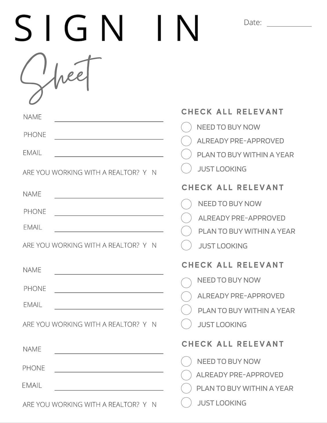 Open House Sign In Sheets Real Estate Marketing Open House