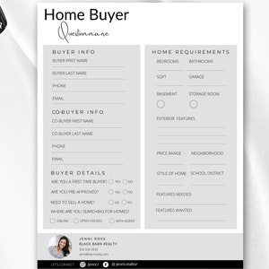 Realtor Buyer Questionnaire | Home Buying Questions Template | Real Estate Buyer Guide| Real Estate Flyers | Realtor Marketing | Branding