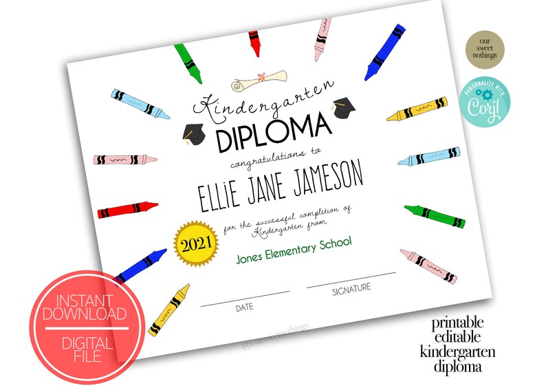 Editable Printable Kindergarten Diploma Customizable | Etsy