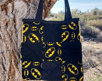 Bolso de tela acolchado de Batman, bolso de algodón, reversible, 2 asas, 12x12x4, hecho a mano.