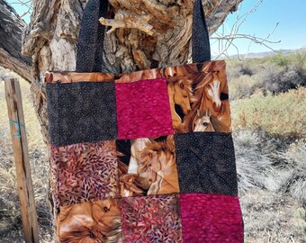 Golden Horses Quilted Rag Bag, Cotton Tote, Reversible, 2 Handles
