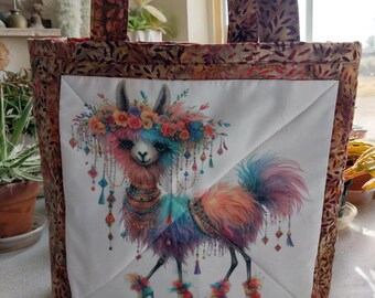 LOVELY LLAMA Quilted Rag Bag, Cotton Tote, Reversible, Lined, 2 Handles