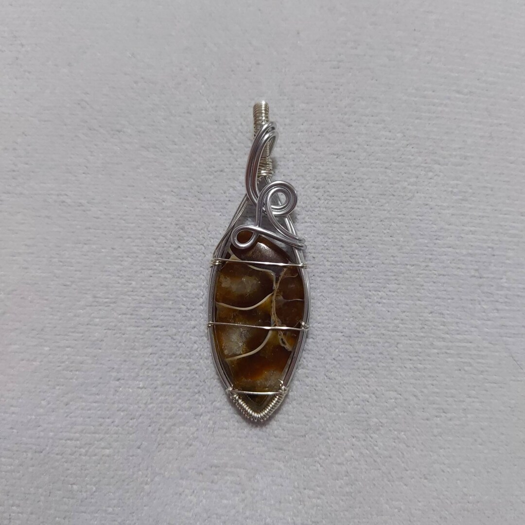 Ammonite Fossil Wire Wrapped Pendent, Using Aluminium Wire. Aluminium