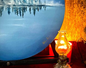 Handmade Oil Painting - Foggy Reflection Painting - 14" Circle Canvas