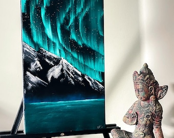 Handmade Northern Lights Oil Painting: Turquoise Mountain Landscape (10"x20")