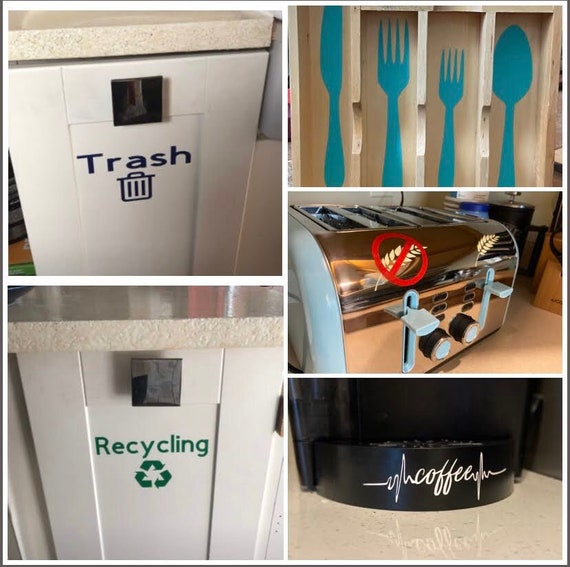 Kitchen Vinyl Stickers / Labels Trash or Recycling, Gluten or Gluten Free  Toaster, Silverware Drawer Organizer, Coffee Heartbeat Keurig 