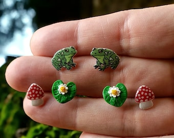 Cottagecore Mushroom Frog Stud Earrings: Whimsical Polymer Clay Resin Jewelry