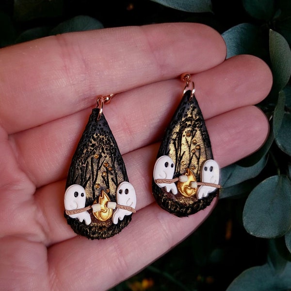 Cute Ghost Campfire and Smores Forest Clay Earrings| Witchy Dark Cottagecore Halloween Dangle Ghost Earrings| Spooky Gothic Nature Boho Gift