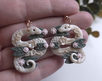 Lily Pad Floral Snake Clay Dangle Earrings| Cottagecore Wedding Forest Witch White Serpent Garden Polymer Clay Dark Gothic Fantasy Earrings