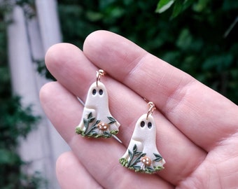 Clay Ghost Floral Mushroom Forest  Handmade Earrings| Witchy Gothic Boho Mushroom Spooky Ghost| Halloween Clay Dangle Fall Gift For Her