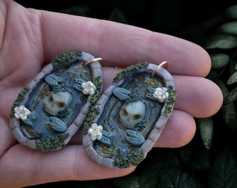 Mystical Skull Dark Cottagecore Witchy Lily Pond Clay Dangle Earrings,  Unique Gothic Polymer Clay Dark Forest Wedding