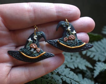 Witch Hat Earrings | Enchanted Mushroom & Moon Jewelry | Witchy Cottagecore Polymer Clay Dangles