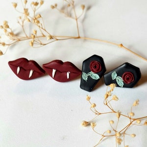 Spooky Halloween vampire costume stud earring set, Vampire teeth rose coffin mismatched stud clay earrings pack
