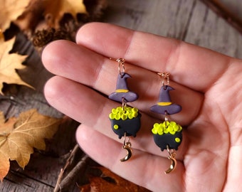 Spooky Witch Cauldron Polymer Clay Earrings | Halloween Witch Hat Dangle Earrings | Moon Charm Gothic Jewelry | Hypoallergenic Gift for Her
