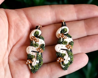 White Snake Mushroom Forest Handmade Clay Dangle Earrings| Witchy Dark Cottagecore Halloween Nature Earring| Spooky Gothic Boho Fall Gifts