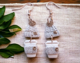 Fall Coffee Cup Earrings, Cozy Knitted Sweater Aesthetic Latte Earrings, Polymer Clay Textured Coffee Earrings, Back To School Teacher Gift