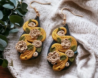 Dark Academia Gold Snake and Roses Cottagecore Earrings, Dark Cottagecore Aesthetic Jewelry, Romantic Goth Spooky Serpent Secret Garden