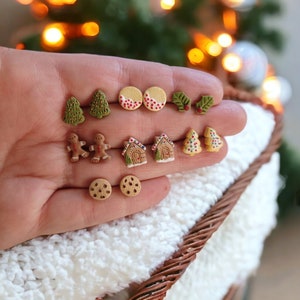 Holiday Studs | Christmas Tree Cookie  Gingerbread Man Holly Gingerbread House Cute Miniature Food Polymer Clay Christmas Winter Earrings