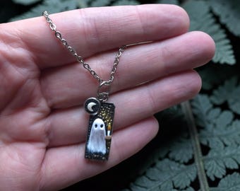 Charm Necklace | Witchy Ghost Candle and Moon Pendant Jewelry | Dark Cottagecore Polymer Clay