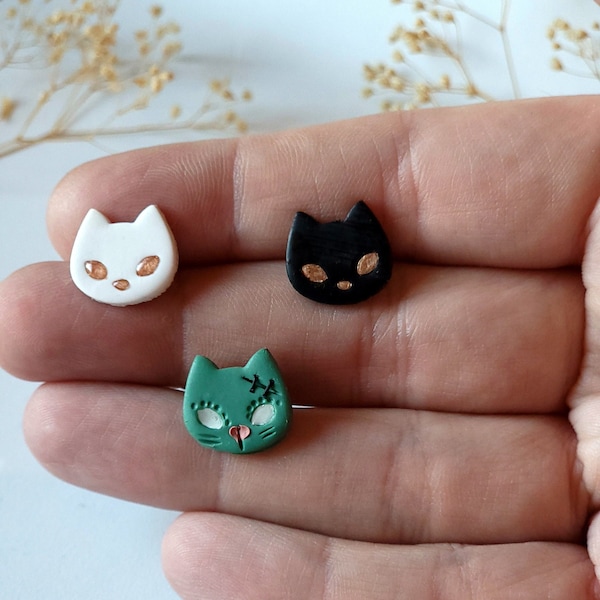 Spooky Halloween zombie cat earring stud pack, Black kitty earrings, Cat lover gift