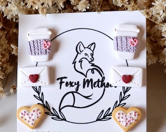 Valentines Day Clay Earrings,  Sugar Cookie Latte Coffee Cup Heart Stud Pack, Polymer Clay Tiny Food Red Heart Coffee Lover Earrings for Her