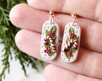 Winter Candy Cane Holly Leaf Christmas Dangle Clay Earrings Festive Hypoallergenic Polymer Clay Dainty Statement Earrings For the Holidays