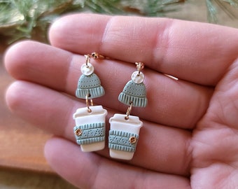 Christmas Coffee Cup Earrings, Sweater Weather Sage Green Peppermint Latte Dangle Mini food Earrings, Coffee Lover Gift for her