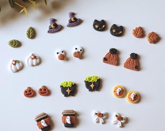 Halloween Stud Earrings:  Pumpkin Ghost  Leaves Witchy Cauldron Clay Earrings| Build Your Own Fall Halloween Stud Earring Set| Spooky Cute