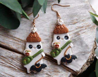 Spooky Cute Ghost Pumpkin Spice Latte Bat Earrings| Preppy Cottagecore Halloween Dangle Pumpkin  Earrings| Spooky Gothic Nature Boho Gifts