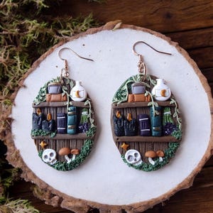 Mystical Skull Dark Cottagecore Witchy Moon Apothecary Bookshelf Earrings, Haunted Mushroom Unique Gothic Polymer Clay Book Lovers Dangles bild 3