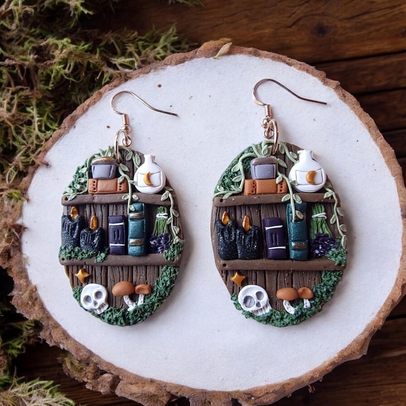 Mystical Skull Dark Cottagecore Witchy Moon Apothecary Bookshelf Earrings, Haunted Mushroom Unique Gothic Polymer Clay Book Lovers Dangles bild 3