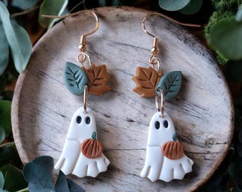 Cute Pumpkin Ghost Clay Earrings for Fall| Cottagecore Halloween Dangle Pumpkin Autumn Earrings| Spooky Nature Boho Fall Gifts for Her