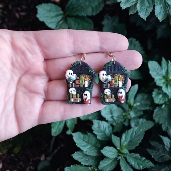 Cute Spooky Spring Mossy Bookshelf Ghost Clay Earrings| Witchy Dark Cottagecore Spring Gold Candle  Ghost Dangle Earrings| Book Lover Gift