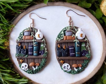 Mystical Skull Dark Cottagecore Witchy Moon Apothecary Bookshelf Earrings, Haunted Mushroom Unique Gothic Polymer Clay Book Lovers Dangles