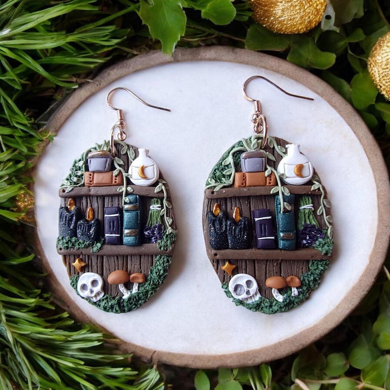Mystical Skull Dark Cottagecore Witchy Moon Apothecary Bookshelf Earrings, Haunted Mushroom Unique Gothic Polymer Clay Book Lovers Dangles bild 1