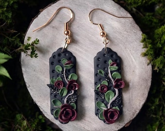 Clay Rose and Vine Dangle Earring| Dark Gothic Floral Wedding Aesthetic Jewelry , Dark Cottagecore Romance Earrings for Dark Elvish Wedding