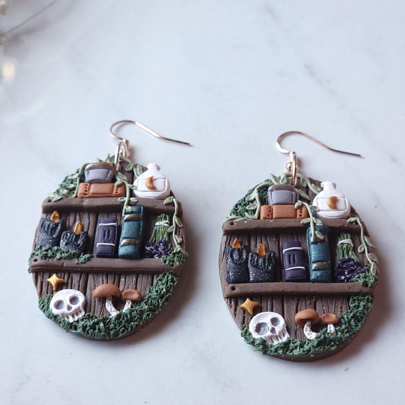 Mystical Skull Dark Cottagecore Witchy Moon Apothecary Bookshelf Earrings, Haunted Mushroom Unique Gothic Polymer Clay Book Lovers Dangles bild 4