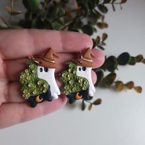 Spooky Cute Witchy Cauldron Ghost Moon Cauldron Earrings | Dark Cottagecore Witchy Moon Spells Ghosties Unique Gothic Polymer Clay Jewelry