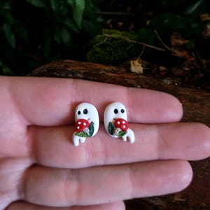 Cute Mushroom Ghost Spring Clay Stud Earrings| Polymer Clay Ghost Earrings| Witchy Dark Cottagecore Enchanted Forest Gothic Nature Boho Gift