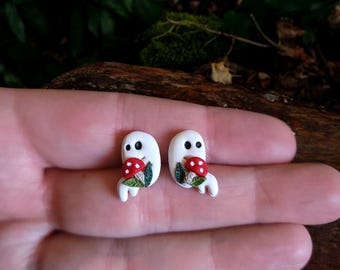 Cute Mushroom Ghost Spring Clay Stud Earrings| Polymer Clay Ghost Earrings| Witchy Dark Cottagecore Enchanted Forest Gothic Nature Boho Gift