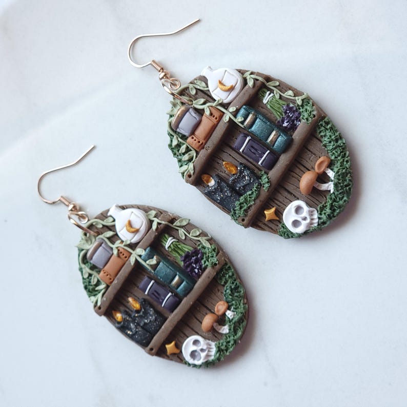 Mystical Skull Dark Cottagecore Witchy Moon Apothecary Bookshelf Earrings, Haunted Mushroom Unique Gothic Polymer Clay Book Lovers Dangles bild 5