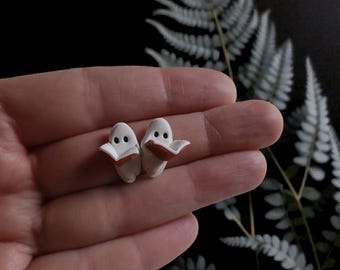 Cute Bookish Reading Ghost Clay Stud Earrings| Polymer Clay Ghost Earrings| Witchy Dark Cottagecore Enchanted Gothic Book Lover Gift
